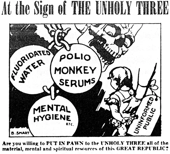 Illustration in a 1955 flier by the Keep America Committee, alleging that fluoridation was a Communist plot.