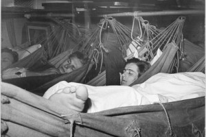 East German school ship crew sleeping in their hammocks, 1951.