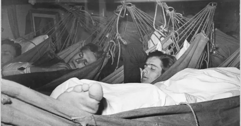 East German school ship crew sleeping in their hammocks, 1951.