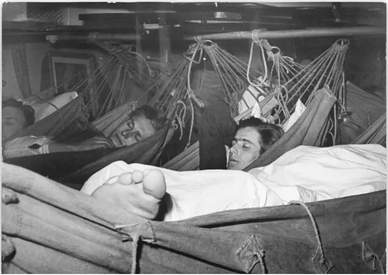 East German school ship crew sleeping in their hammocks, 1951.